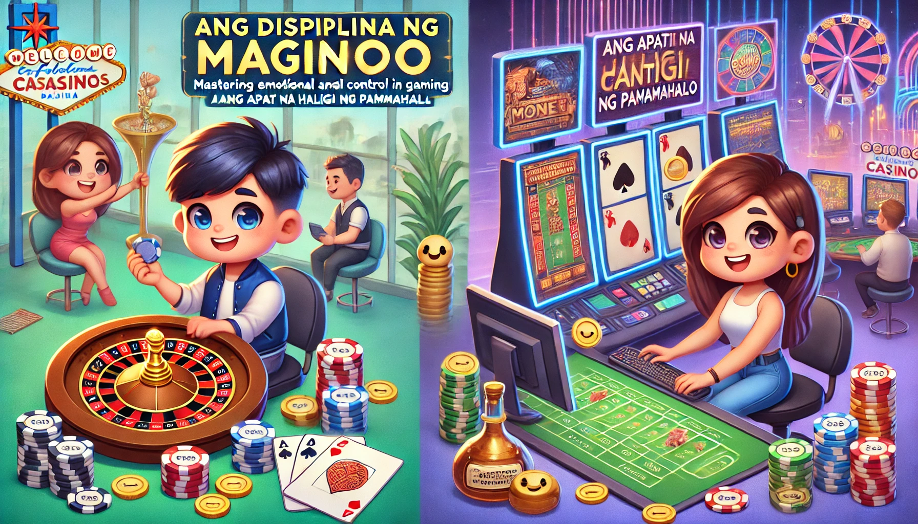 Imahe ng Maginoo Strategist na nagtatala ng Stop-Loss at Stop-Win. Kalmado siya sa gitna ng chaotic casino, sumisimbolo sa Disiplina at Paninindigan sa Puhunan management.