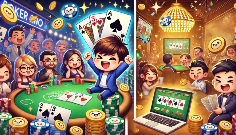 Isang Pilipinong manlalaro ng poker na may kumpiyansa habang naglalaro ng cash game sa live table o gamit ang cellphone, may chips at baraha sa harapan.